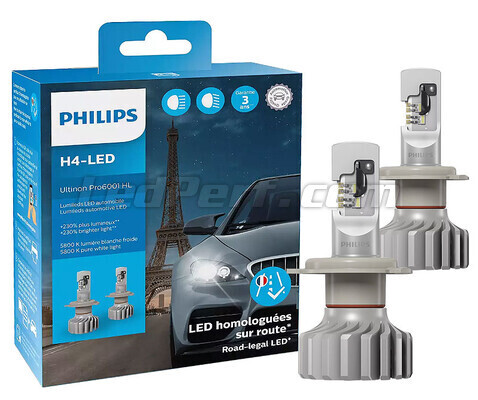 2x Ampoules H4 Bi-LED Homologué* Pro6000 Ultinon Philips 11342U6000X2 5800K  +230% - 12V 18W - France-Xenon